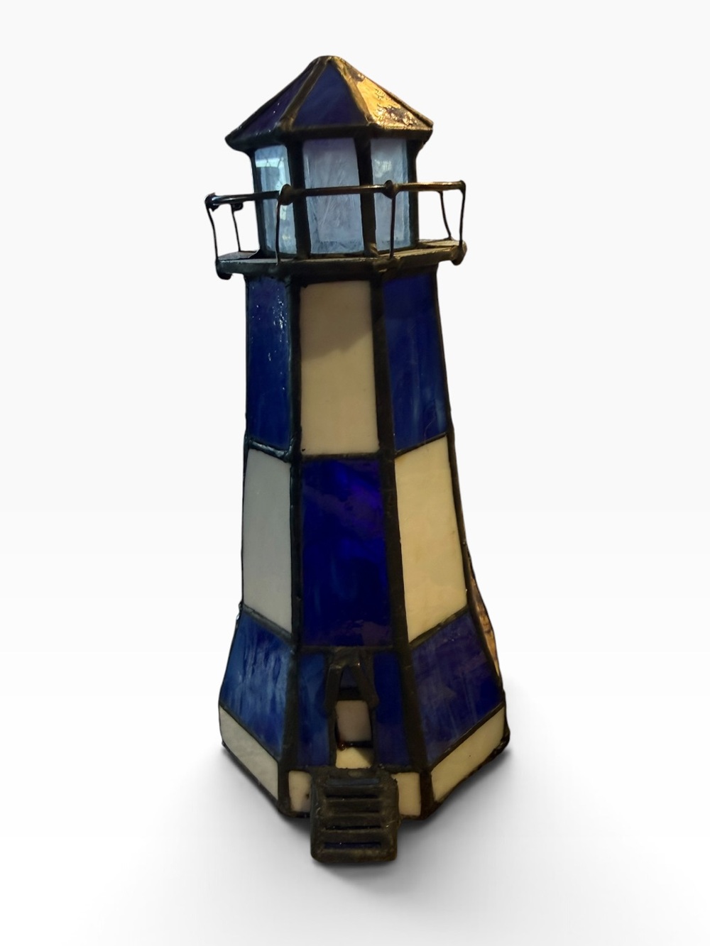 Home Trends Blue & White Tiffany Style Lighthouse Lamp. 8.5” NIB